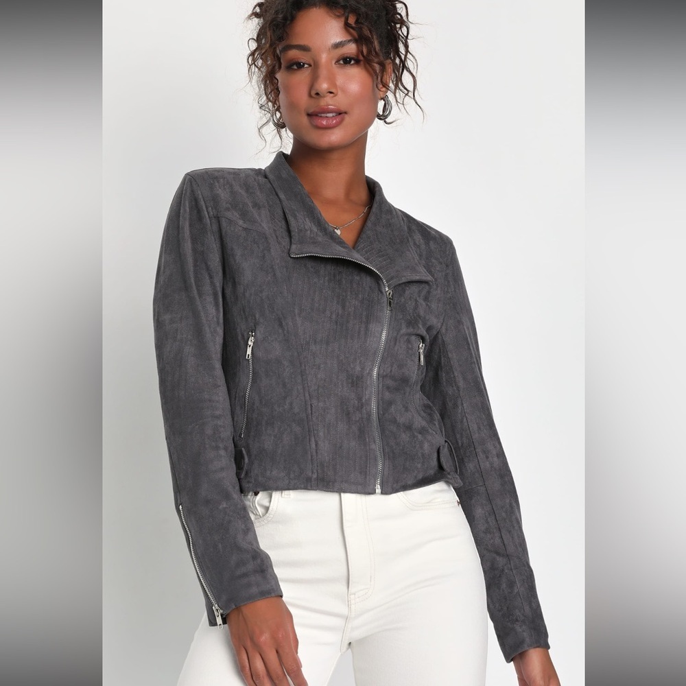 Lulus Ride Here, Right Now Grey Moto Jacket Size Medium